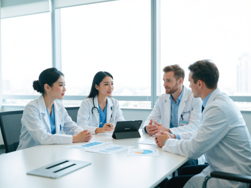 医疗管理咨询团队会议场景，现代化办公室环境，专业顾问讨论医院管理方案